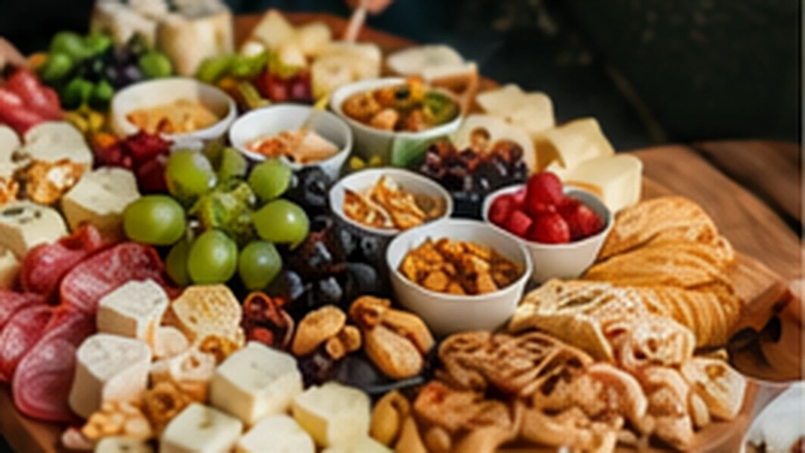 Botanas para una reunión en casa con quesos, charcutería, fruta y crujientes