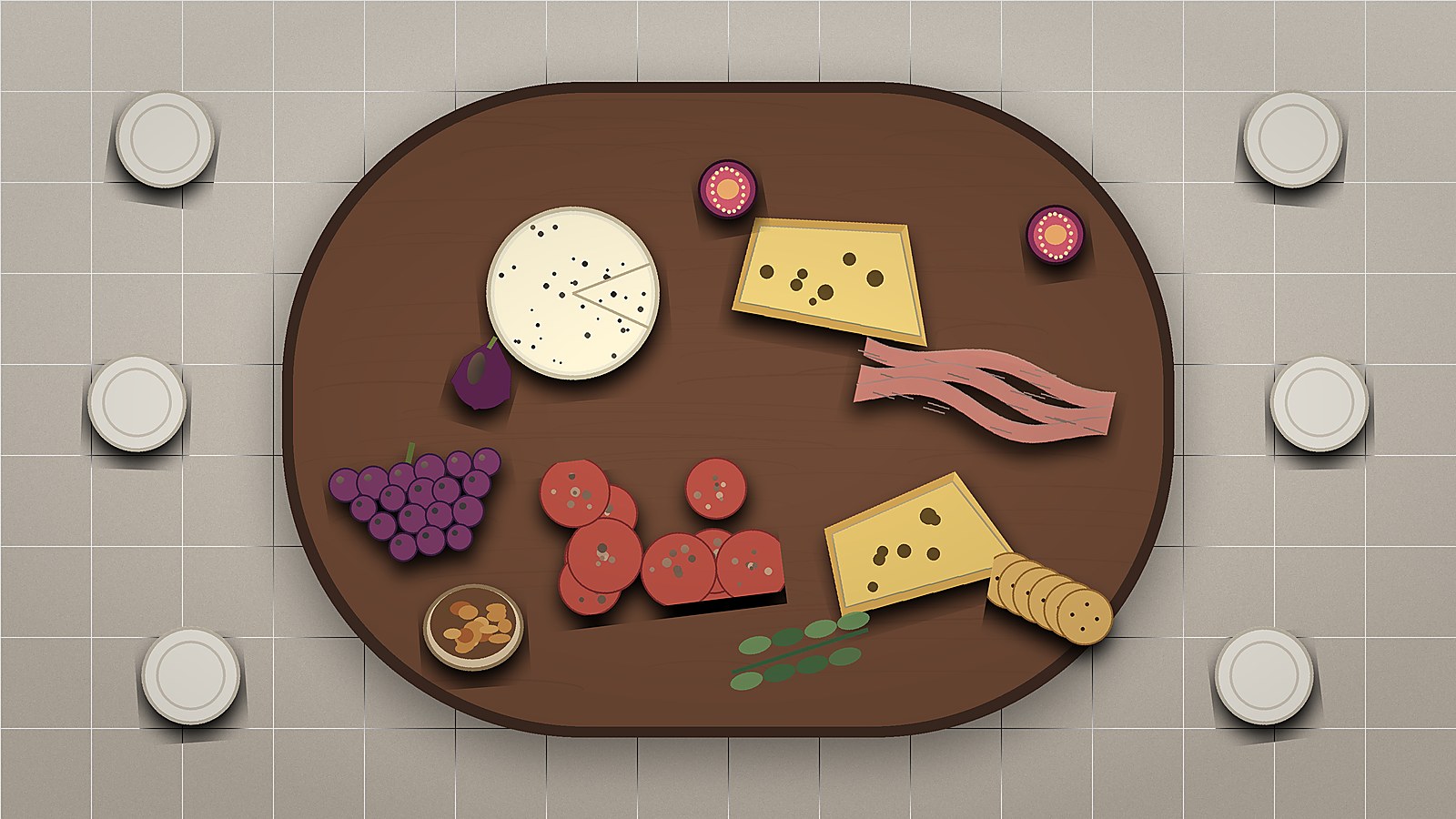 Ilustración de una tabla de quesos rodeada de platos para calcular porciones en una reunión o evento