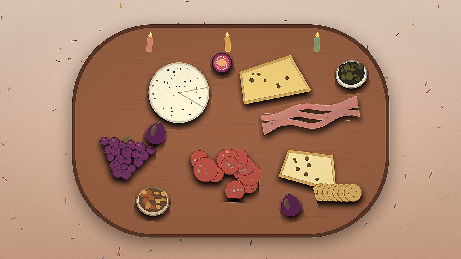 Ilustración de una tabla de quesos y charcutería con velas y detalles de cumpleaños