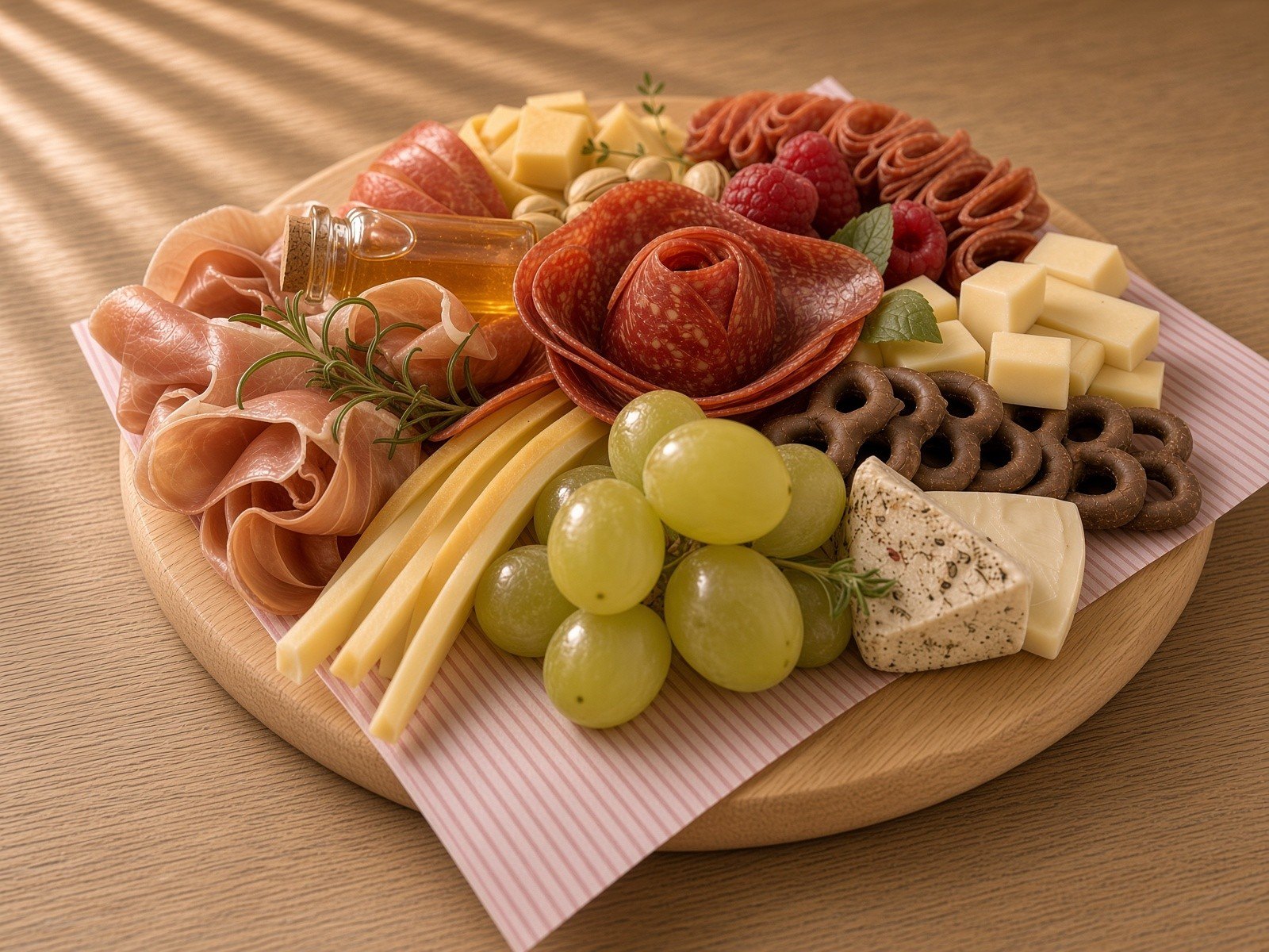 Tabla de quesos y charcutería de 850 g con rosa de salami, jamón serrano, uvas verdes, frambuesas, pretzels con chocolate y miel